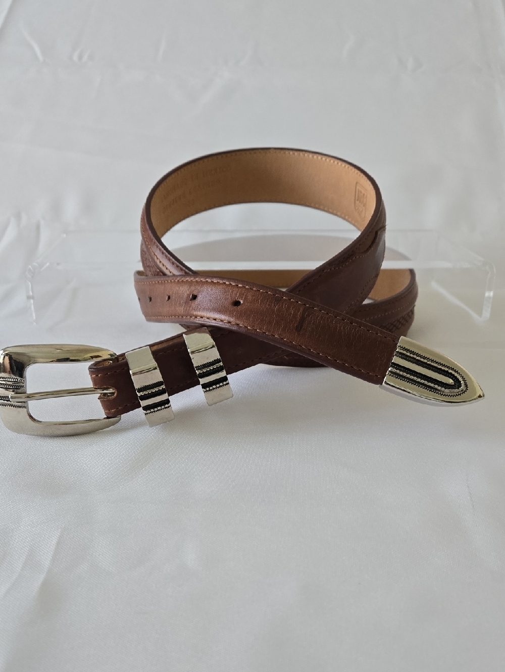 Men’s Western Leather Belt Brown Silver Buckle Handmade JRC Size 40